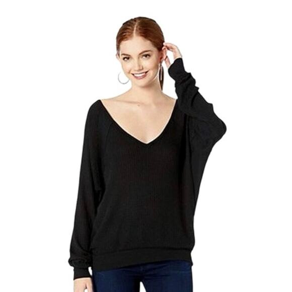 Free People Santa Clara Thermal Long Sleeve V Neck Top Black Preowned Good Small - Picture 1 of 8
